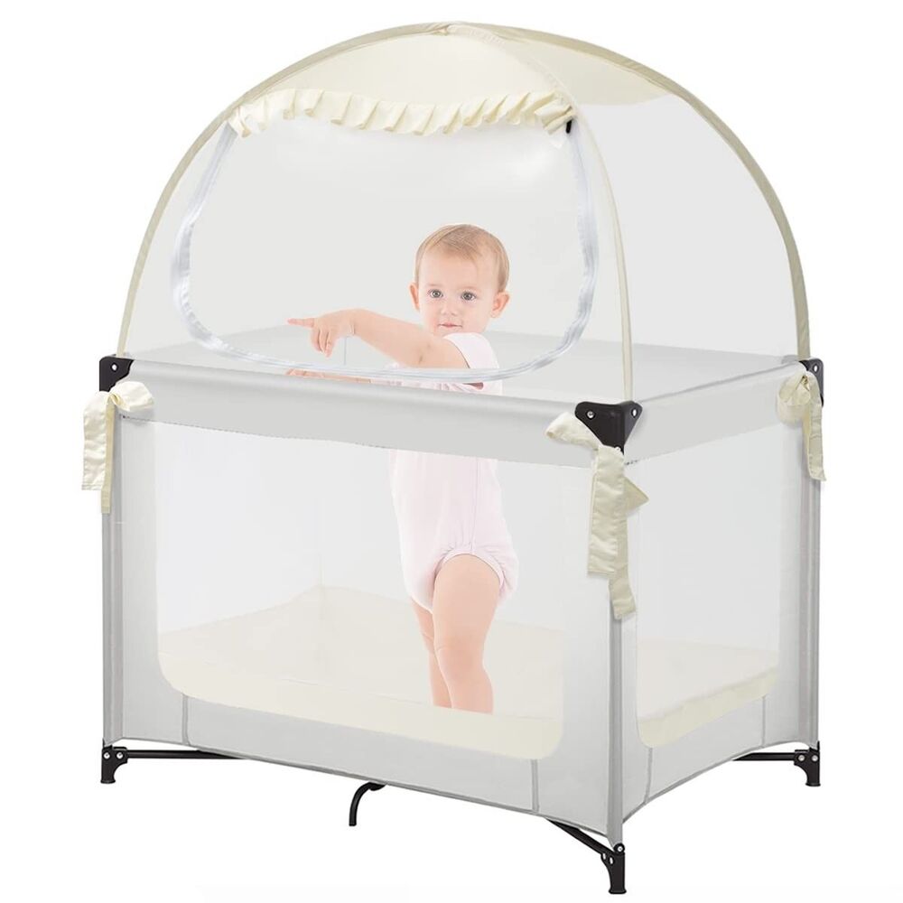 L RUNNZER Pop Up Pack N Play Tent Crib Canopy Breathable Mesh Ivory